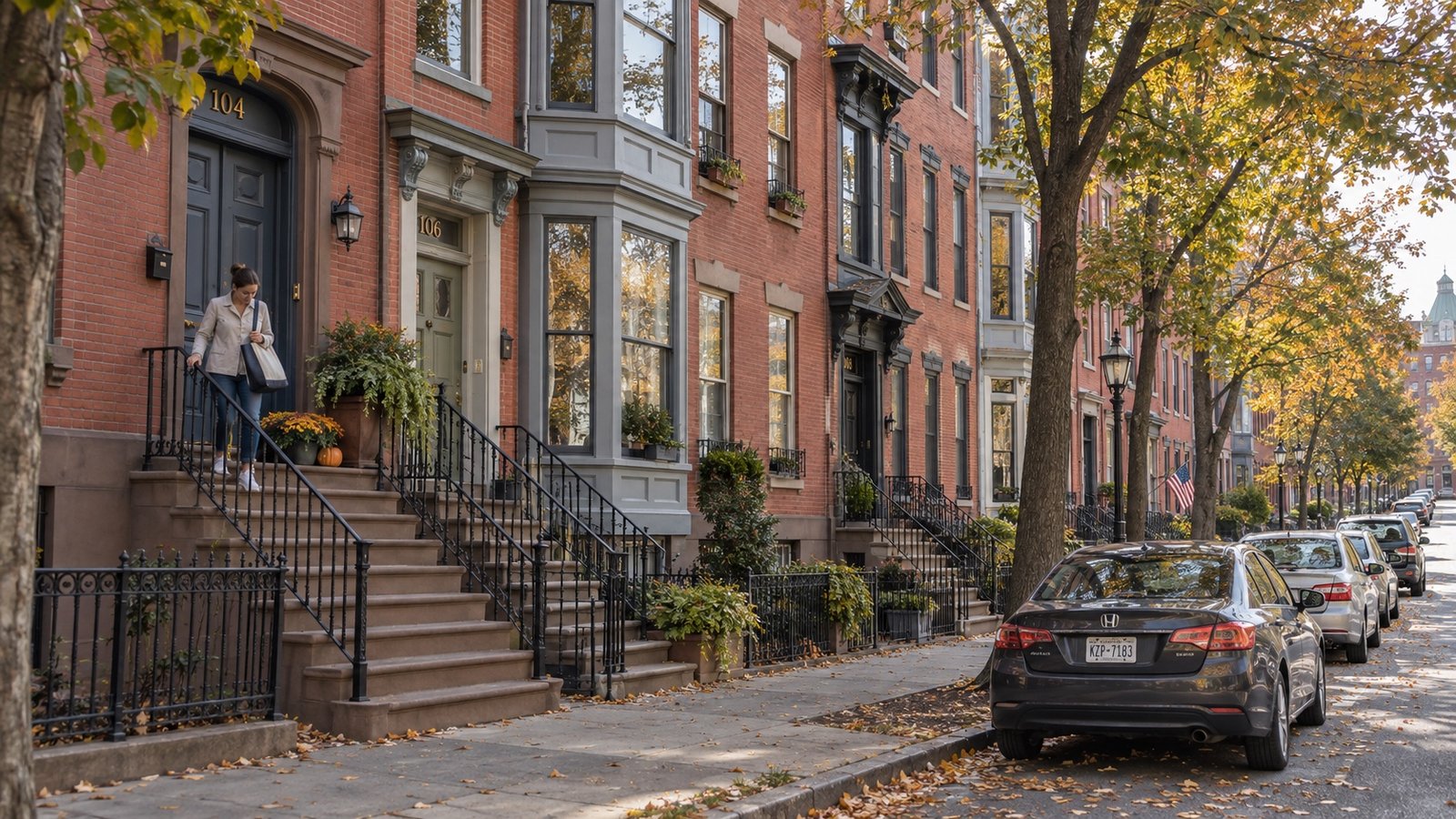 A residential street of 19th-century brick rowhouses with raised stoops and parked cars.