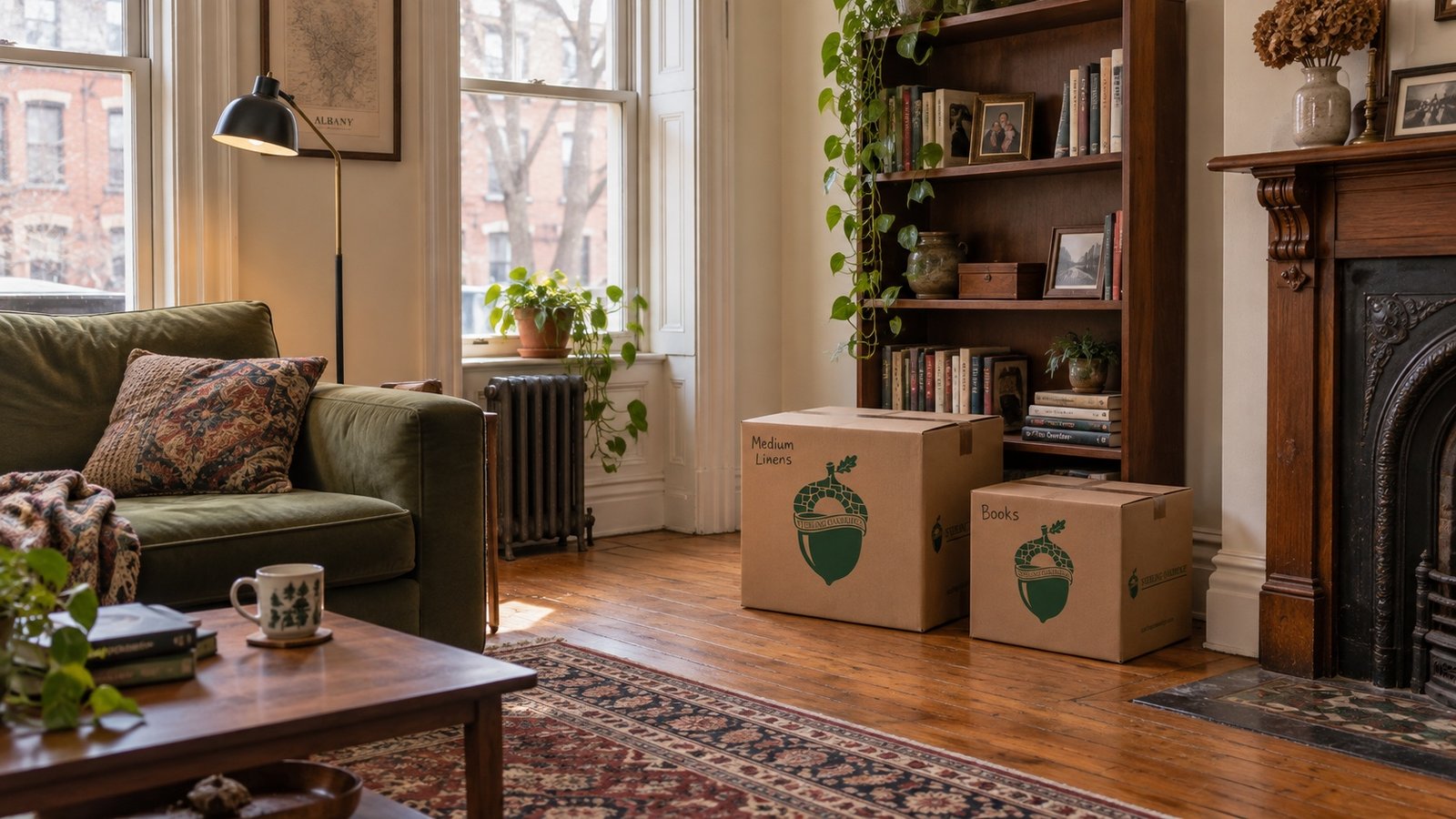 A furnished living room with tall windows and sealed moving boxes stacked by the wall.