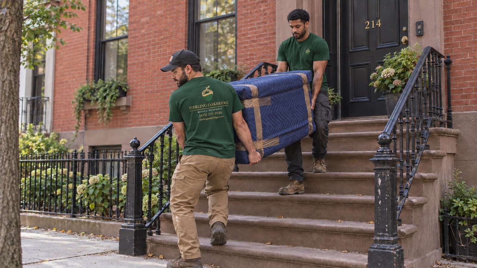 Two movers carrying a blanket-wrapped dresser down the steps of a brick stoop.