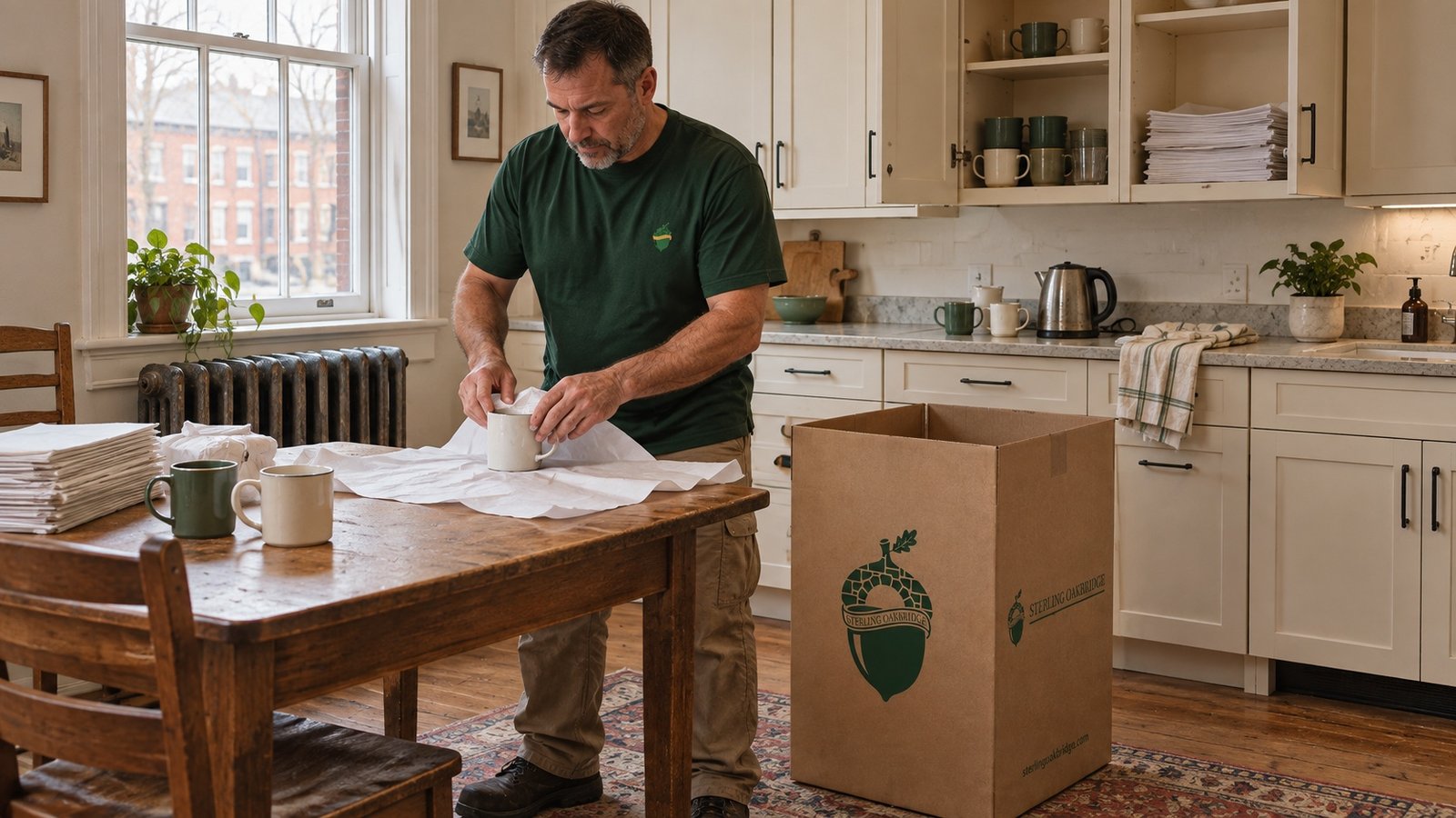 A Sterling Oakbridge mover wrapping a ceramic mug at a kitchen table beside a branded China carton.
