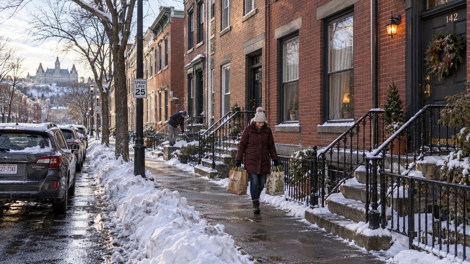 A residential street after snowfall with plowed snow along the curb and a cleared sidewalk.
