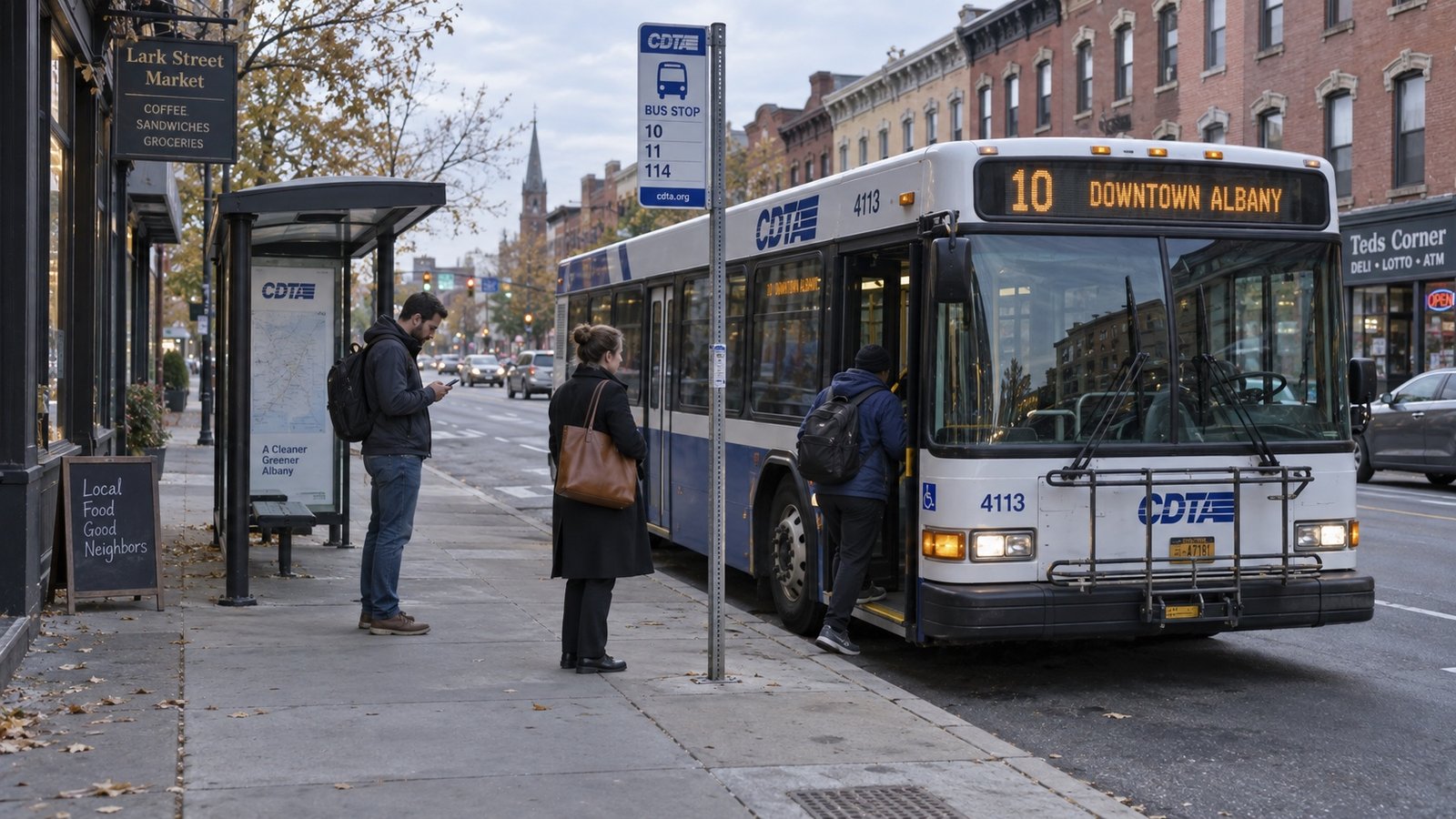 A city bus at a stop on a wide avenue lined with brick rowhouses and small shops.