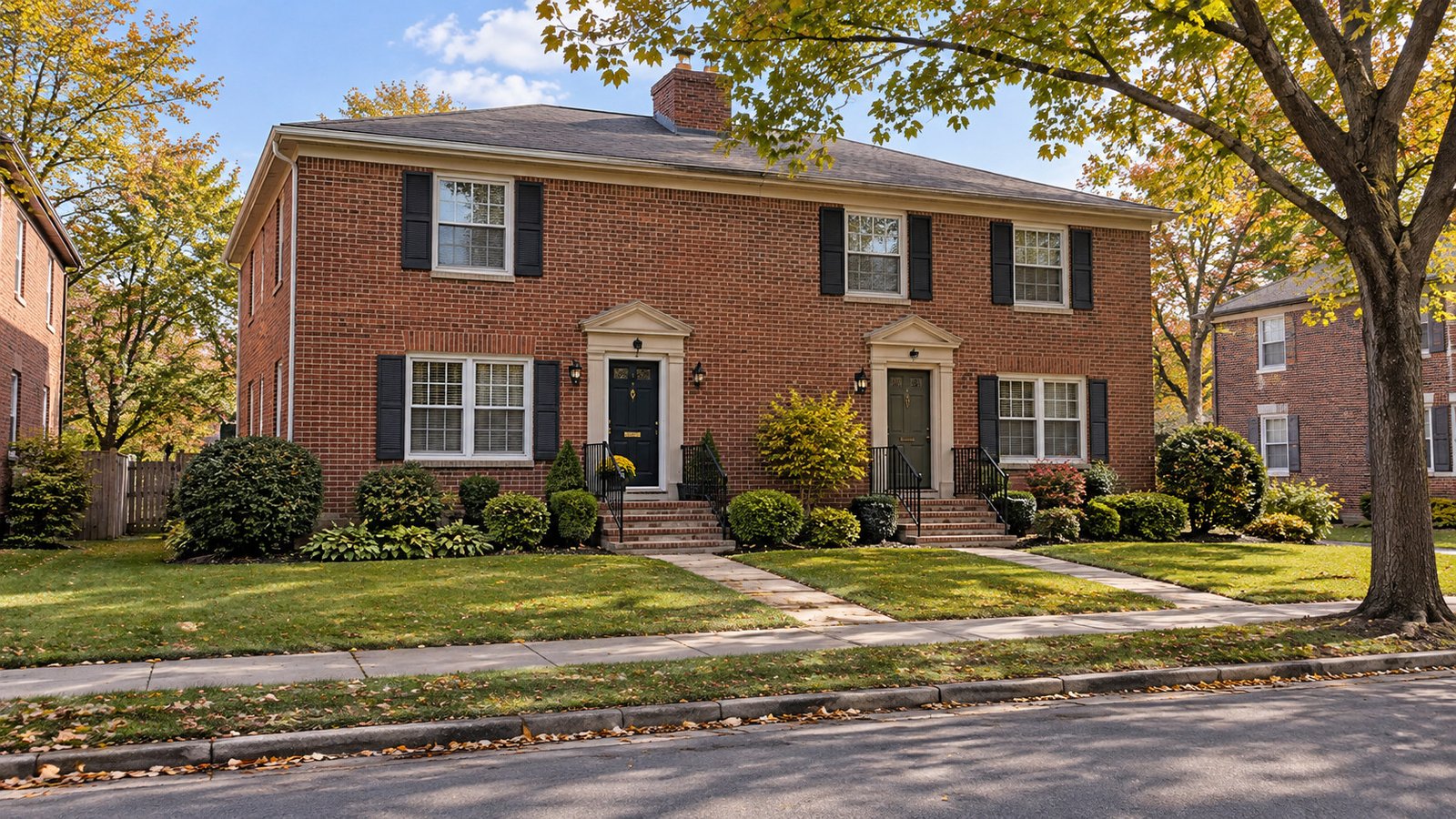 Two-storey brick residential building with two front entries and paths to a public sidewalk