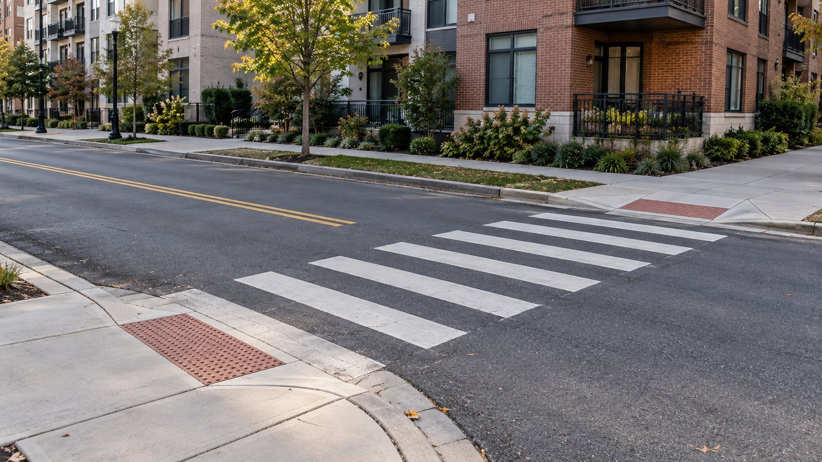 Complete marked pedestrian crossing between two clear curb ramps beside apartment buildings