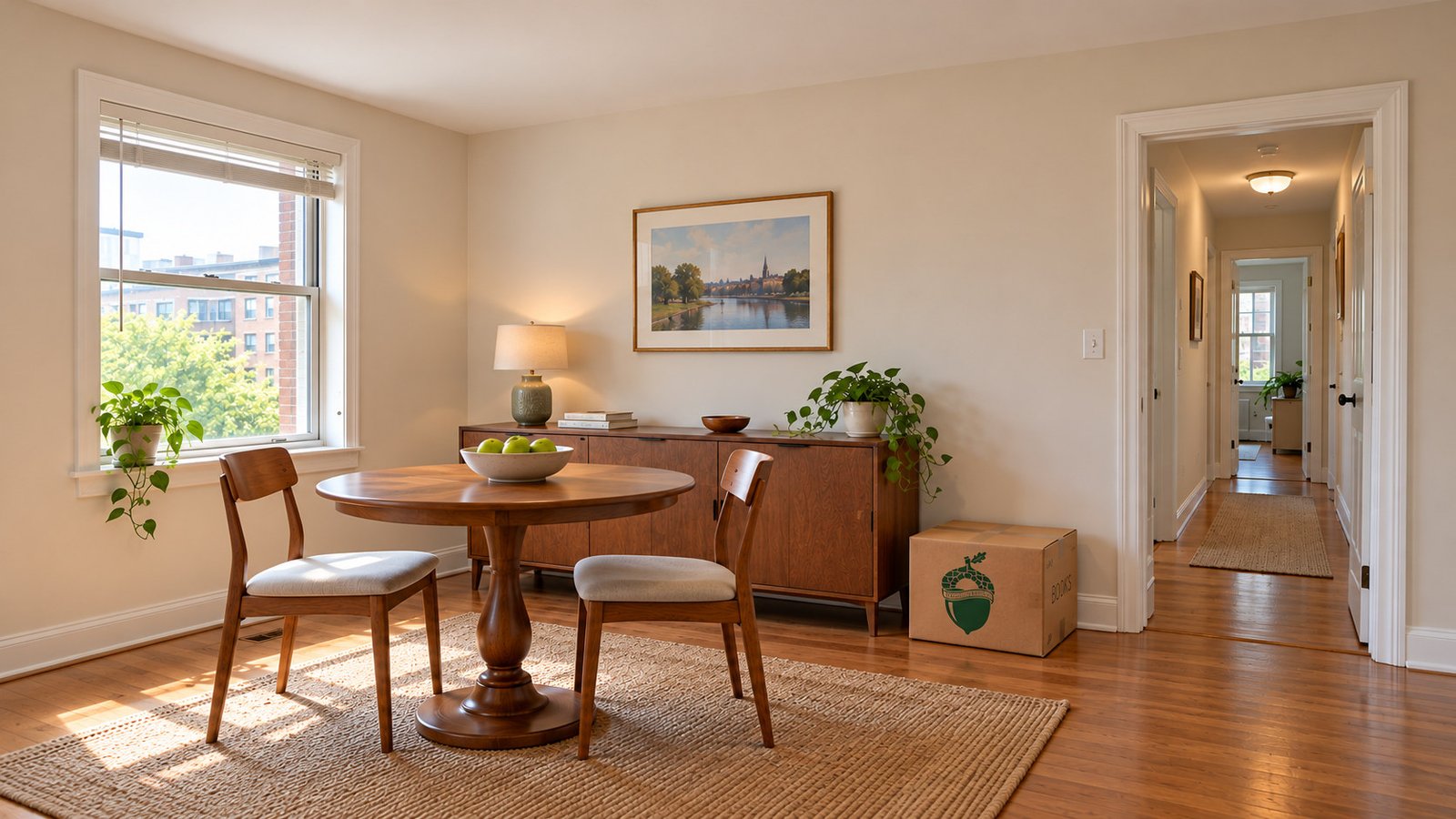 Compact apartment dining nook with a round table, two chairs, a small packed carton and an open hallway