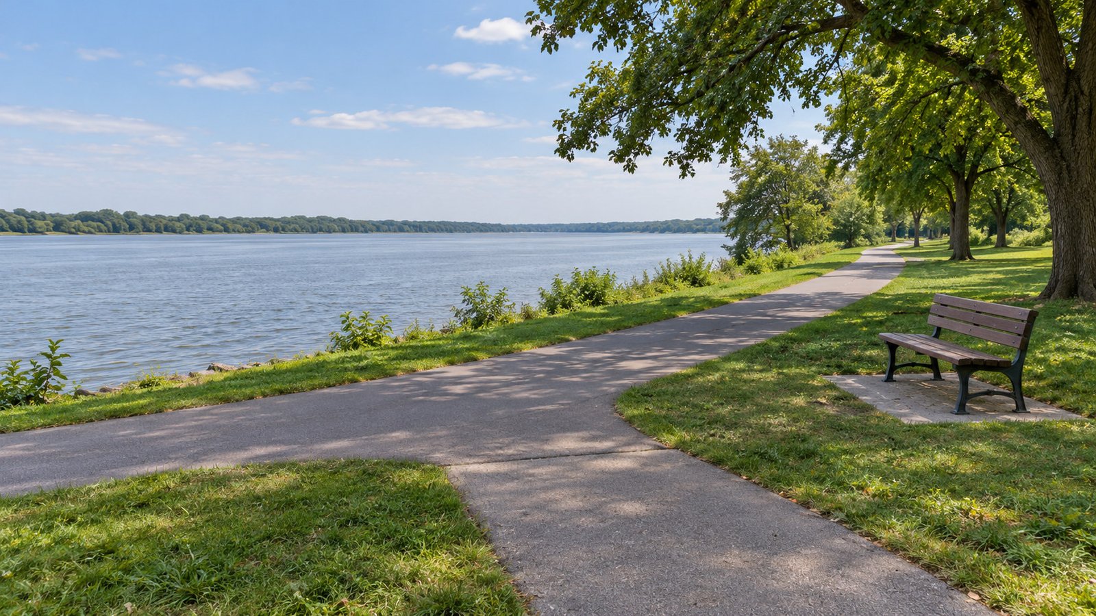 Riverfront walking path with a complete paved approach junction and a bench on a separate pad