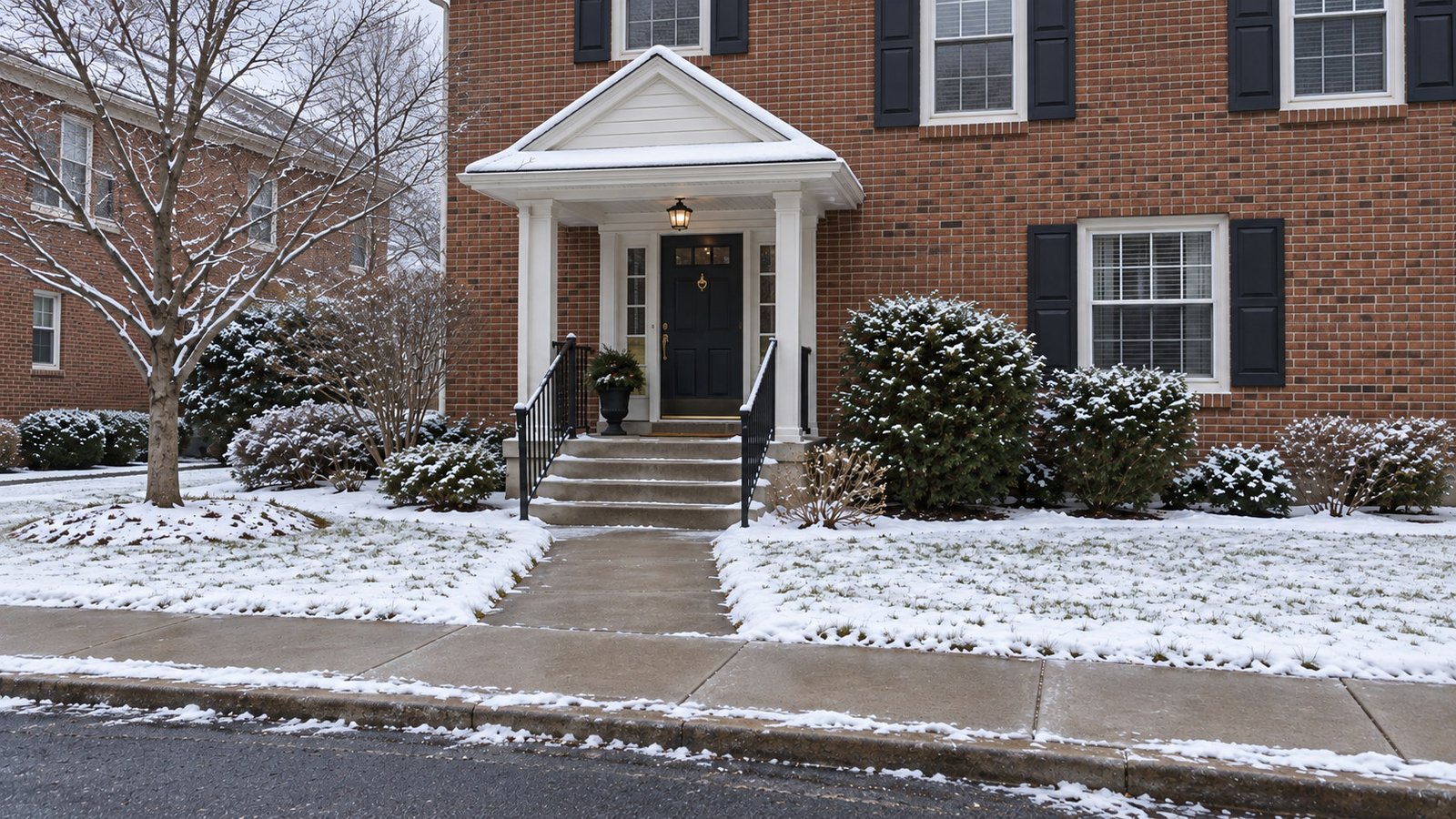 Complete covered porch and clear steps connected by a private path to a public sidewalk after light snow