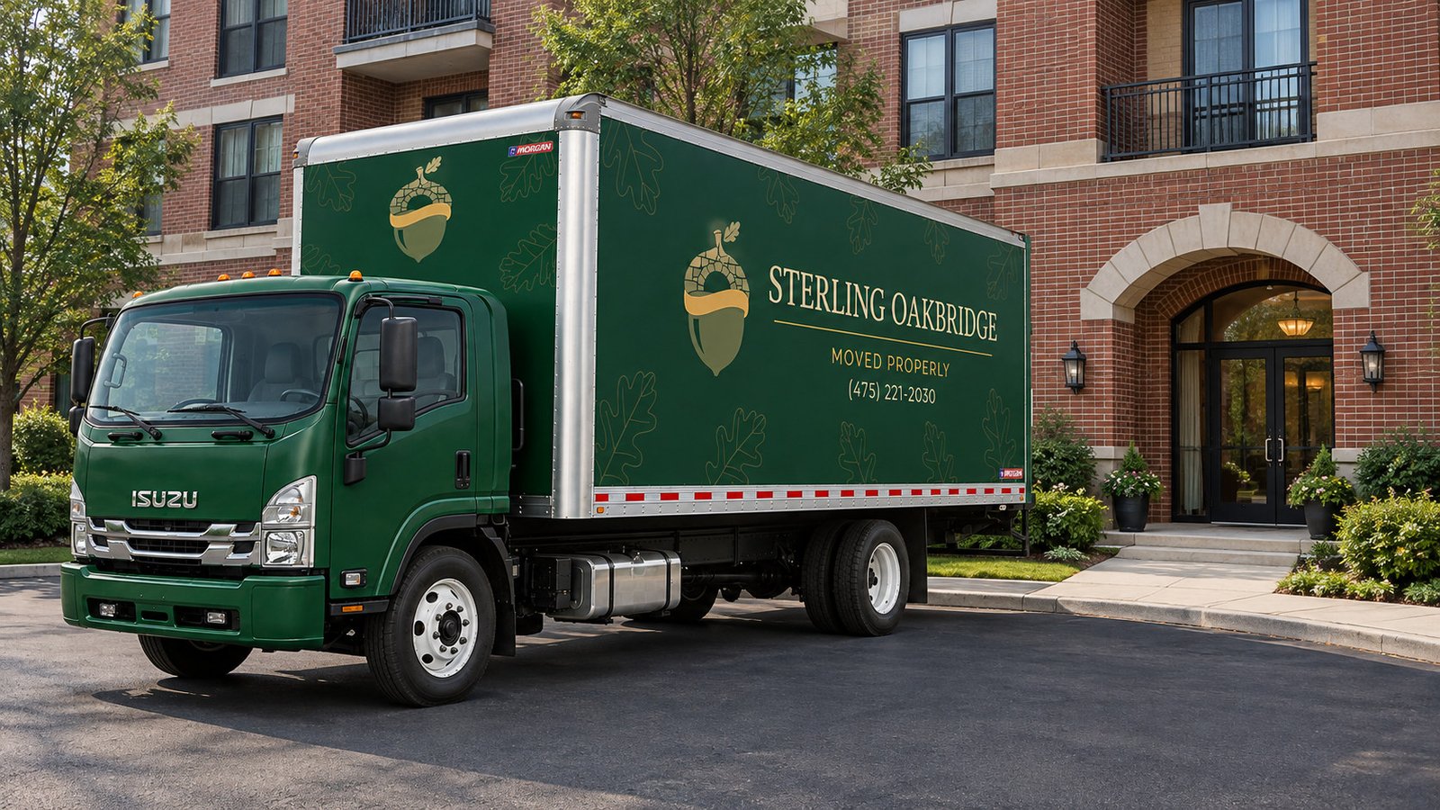 Green Sterling Oakbridge Isuzu truck beside a brick condominium and a separate arched entrance