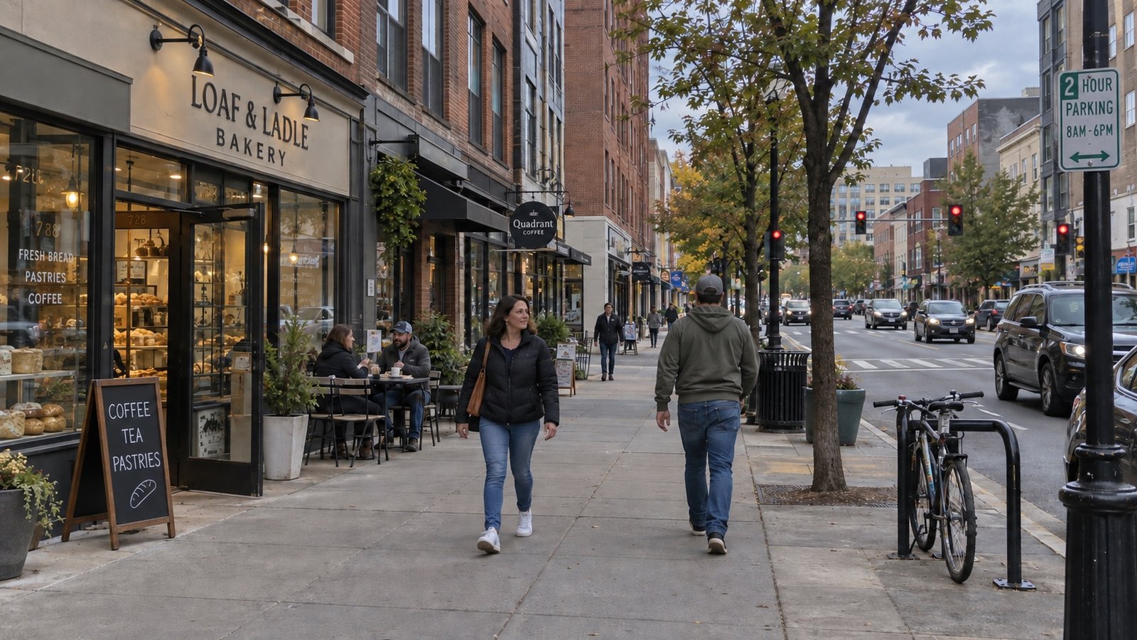 Pedestrians beside a bakery and cafe on a mixed-use commercial street.