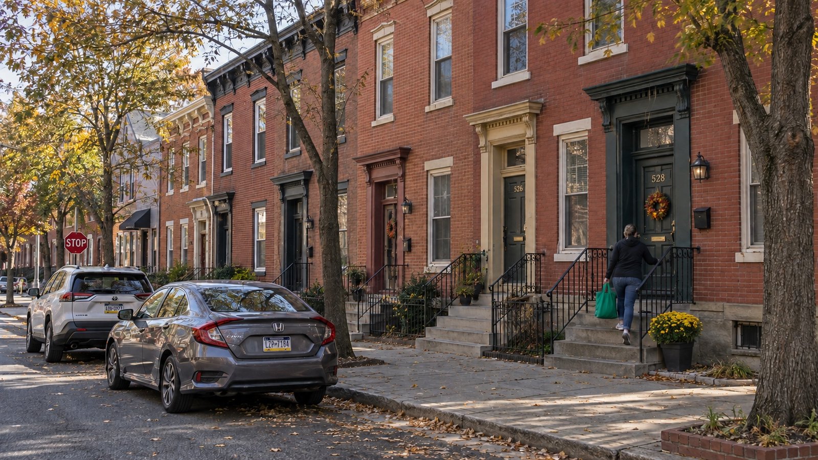 Attached brick rowhouses with raised stoops, parked cars and a resident returning with a shopping bag.