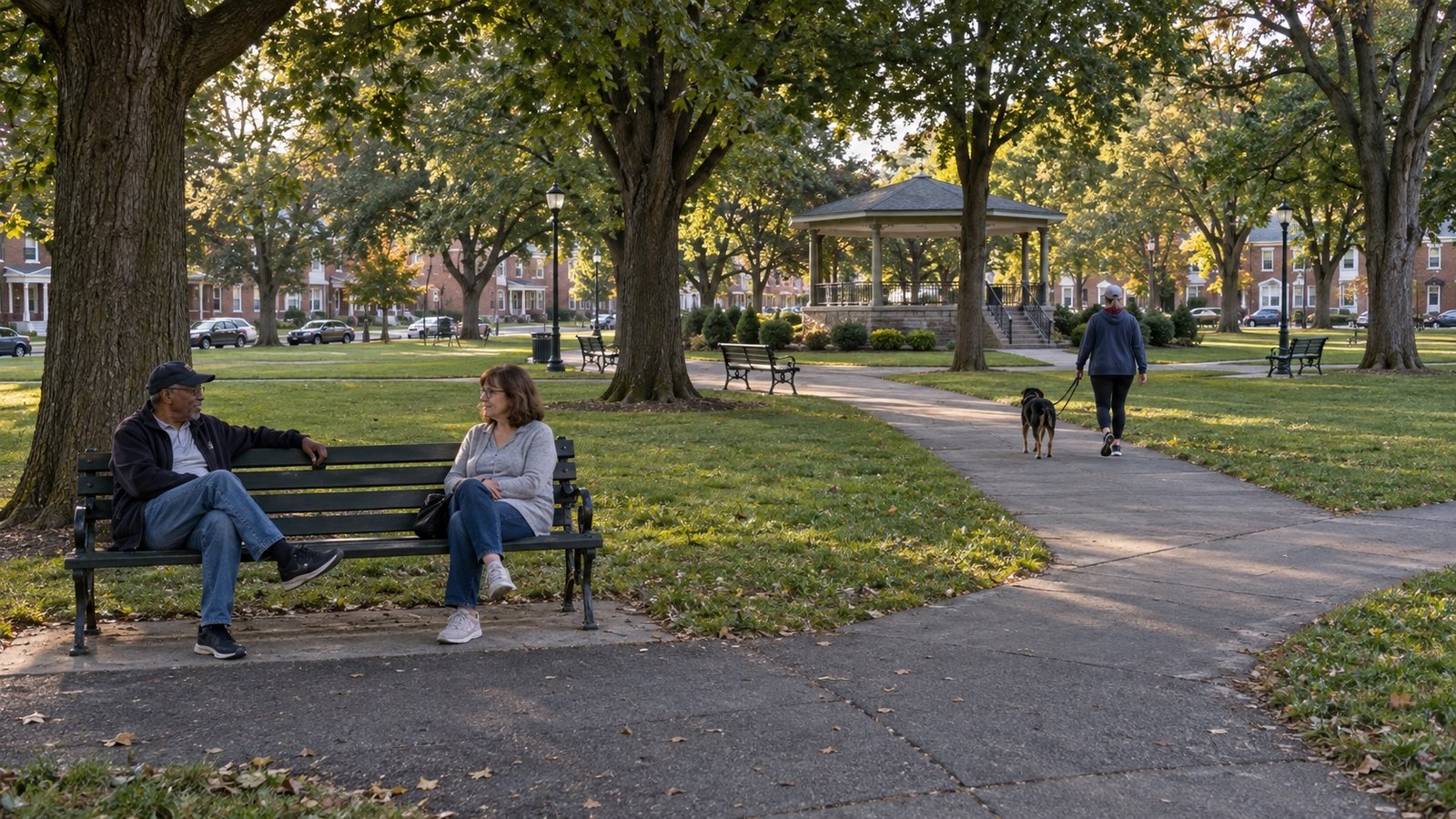 Neighbors talking on a park bench beside paths and mature trees.