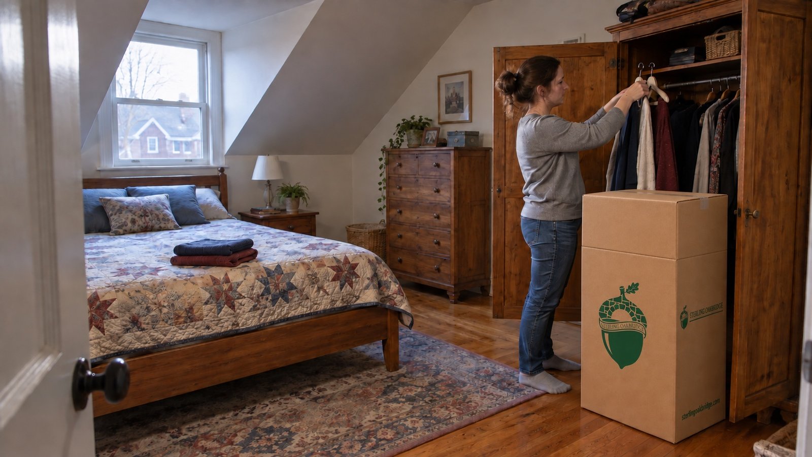A resident gathering hanging clothes beside a closed Sterling Oakbridge wardrobe carton in an attic bedroom.