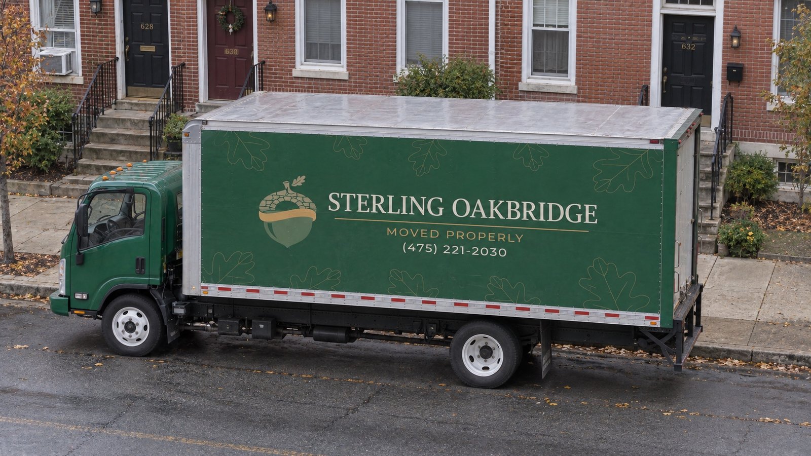 An elevated view of a green Sterling Oakbridge truck parked beside brick rowhouses.