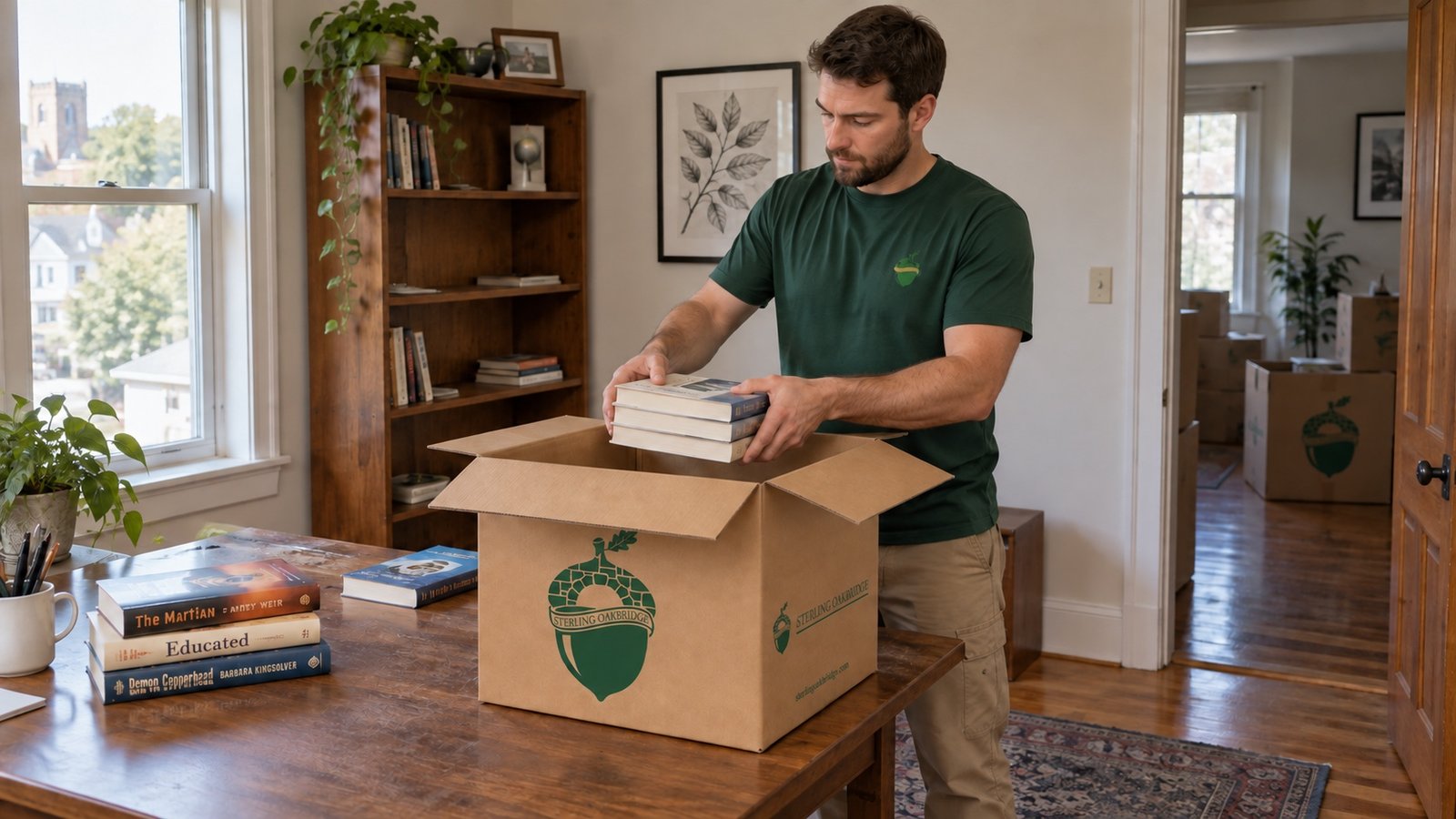 A mover placing a short stack of books into a small branded carton on a worktable.