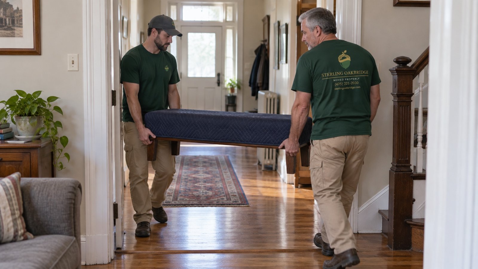 Two movers supporting a blanket-protected wooden bench through an open interior doorway.