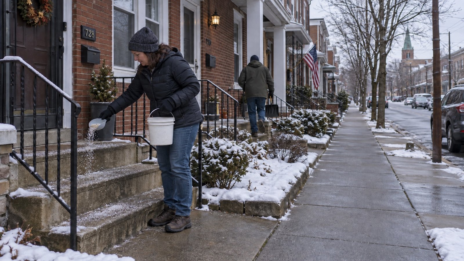 A resident treating low front steps after snow beside a cleared sidewalk.