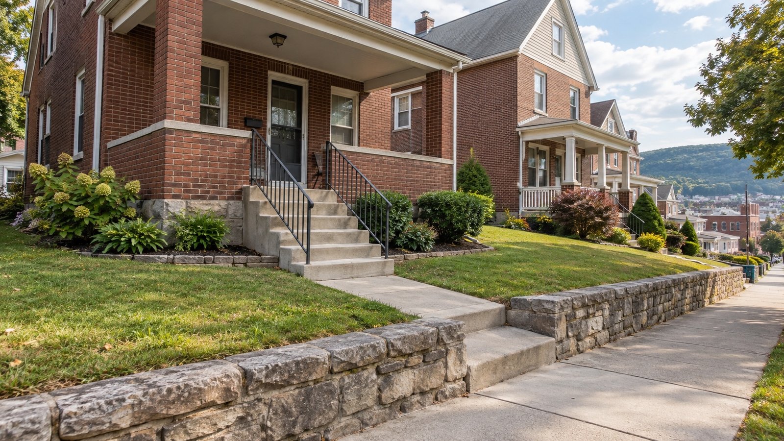Connected concrete steps and a handrail leading from a front walk to a brick porch