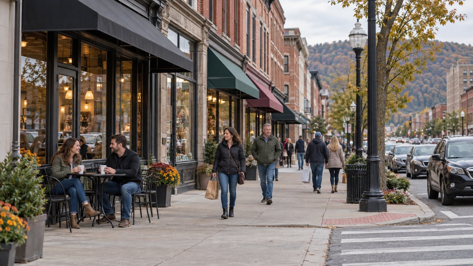 People beside brick storefronts on a downtown-style sidewalk
