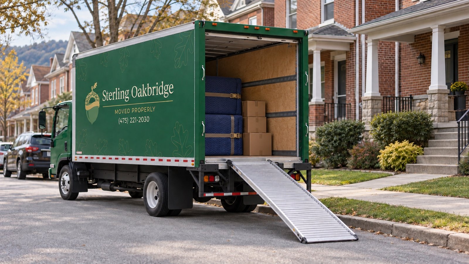 Green Sterling Oakbridge truck with an open cargo door and continuous metal ramp