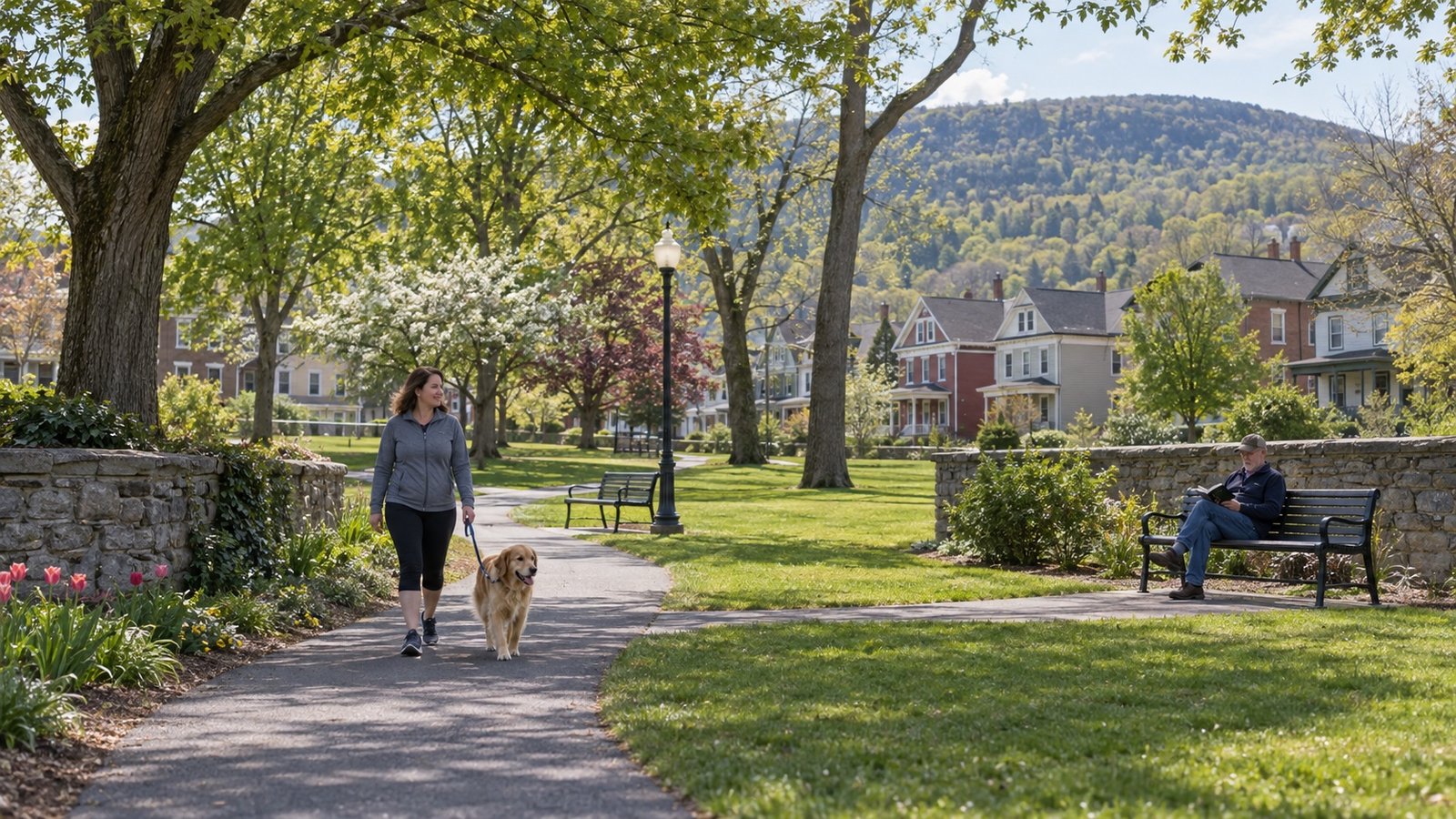 A dog walker and a reader beside a path and benches in a neighborhood park