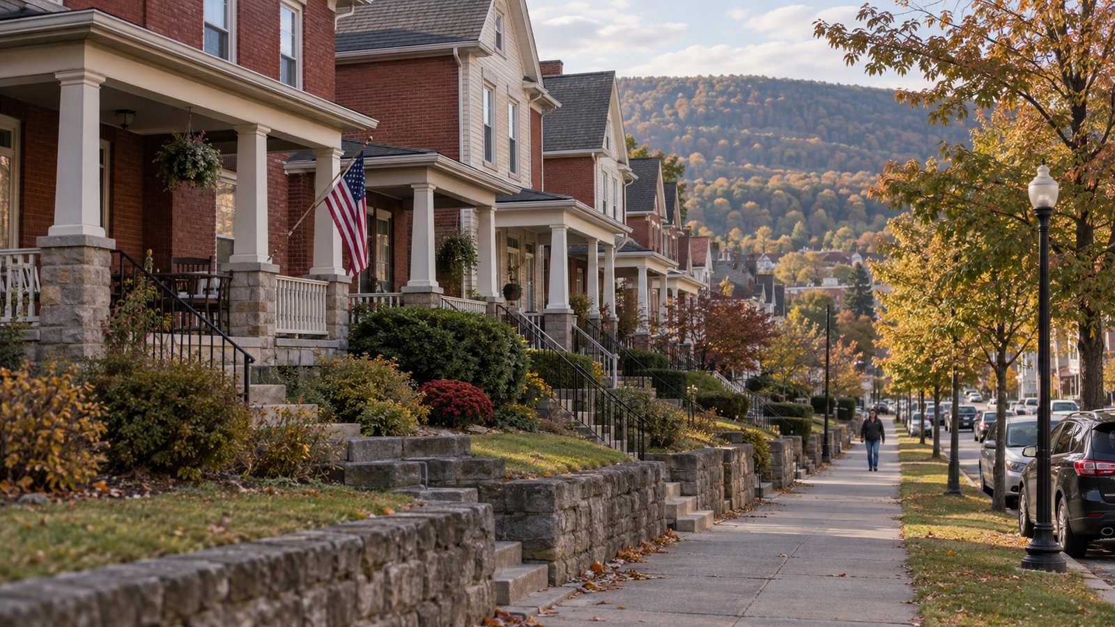 Older brick and timber houses with porches along a leafy hillside sidewalk