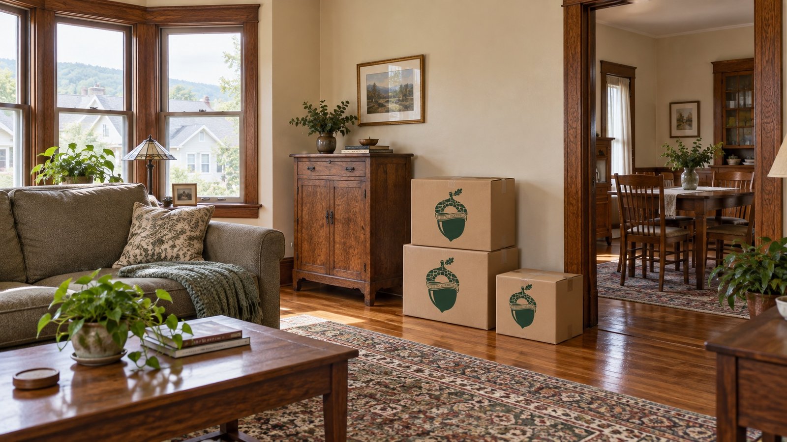 Closed kraft moving cartons in an older living room with wood trim