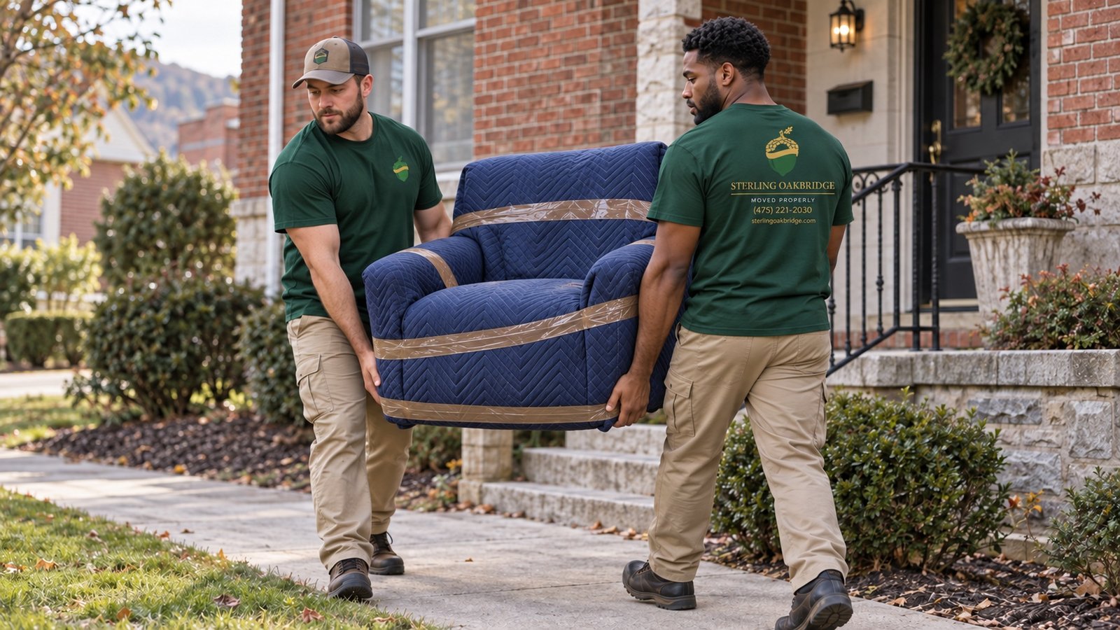 Two movers supporting a blanket-wrapped armchair along a level path
