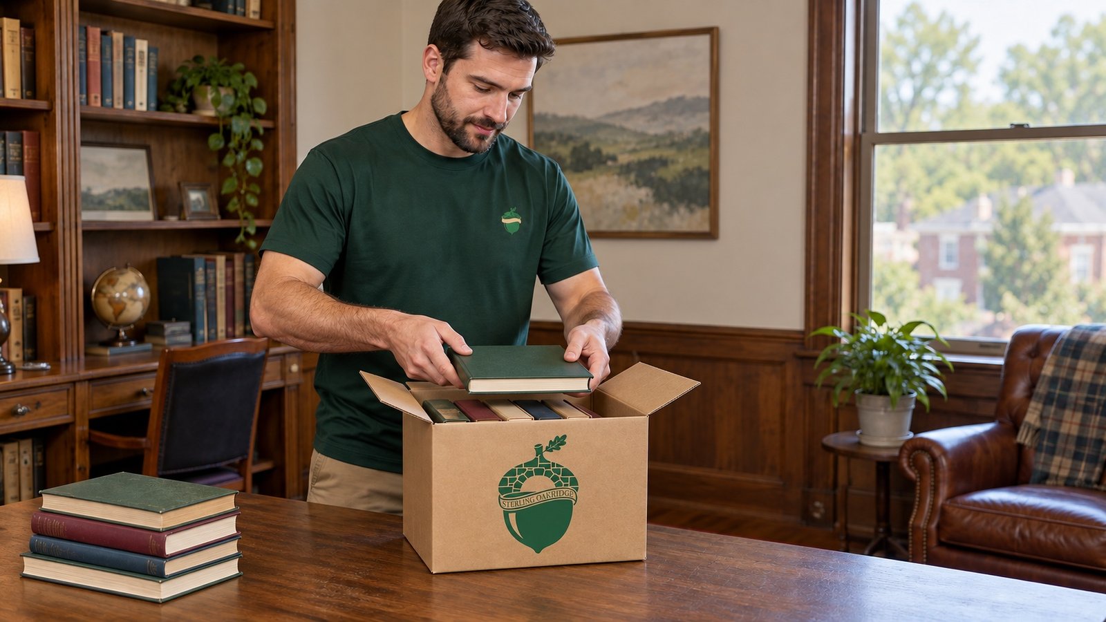 Mover lowering a book into a compact kraft Book carton on a table