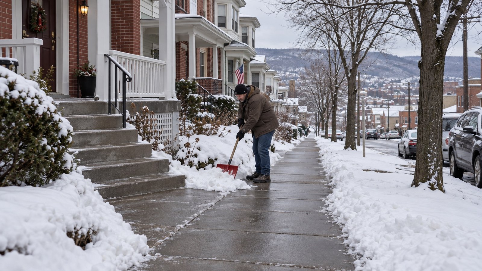 Resident shoveling beside cleared steps and a wet sidewalk after snow