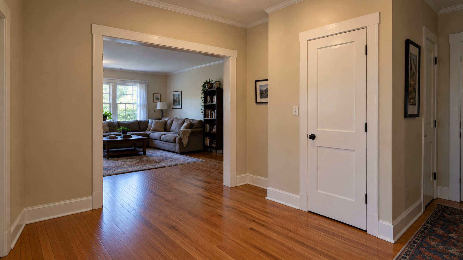 The turn into the living room Clear wooden hallway turning into a living room beside a closed closet door