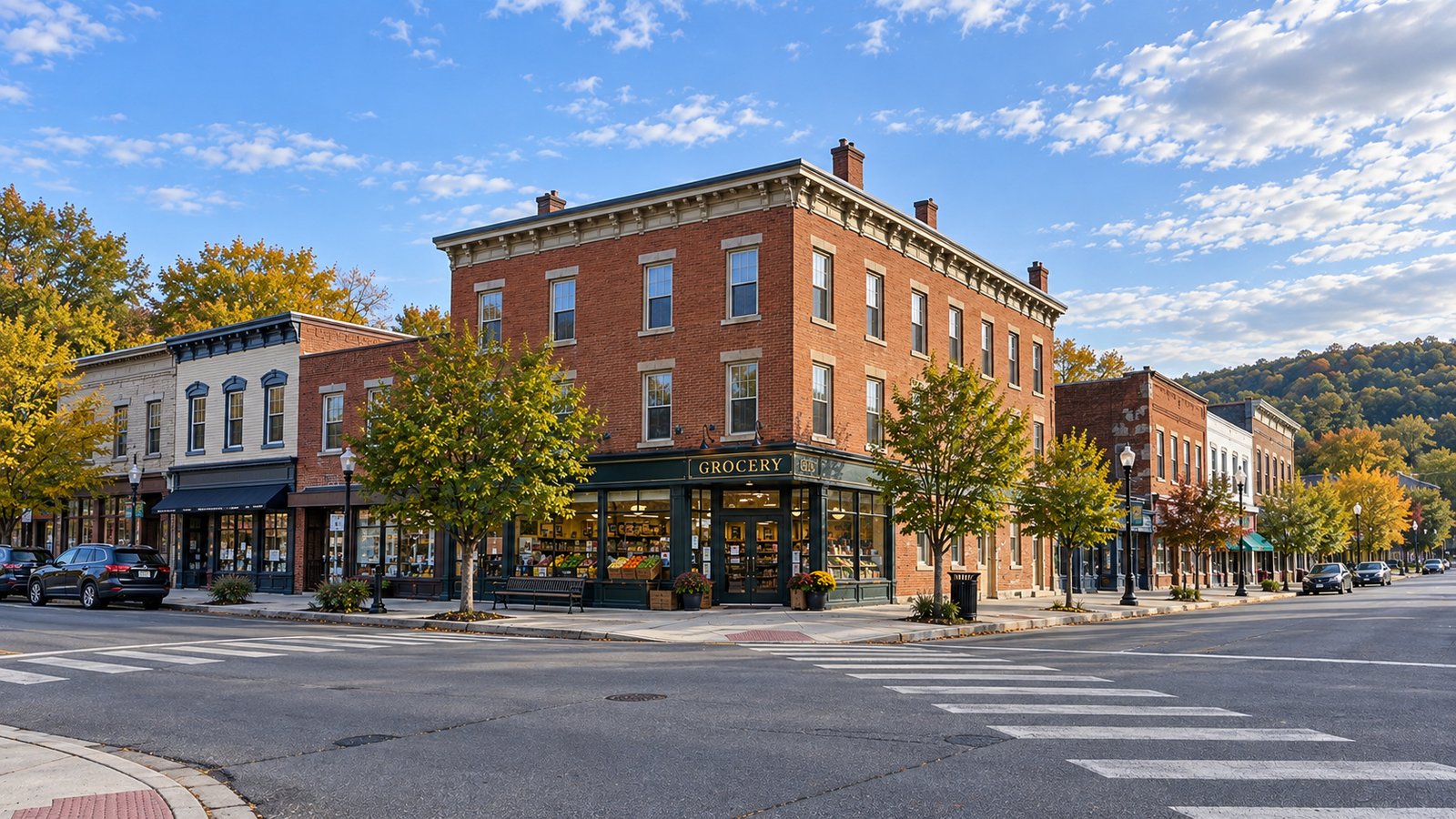 A corner for everyday errands Brick corner grocery building with storefronts, street trees and a pedestrian crossing