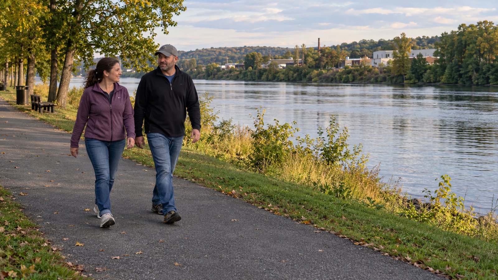 Time for a riverside walk Two adults walking along a paved riverside path with trees and buildings across the water