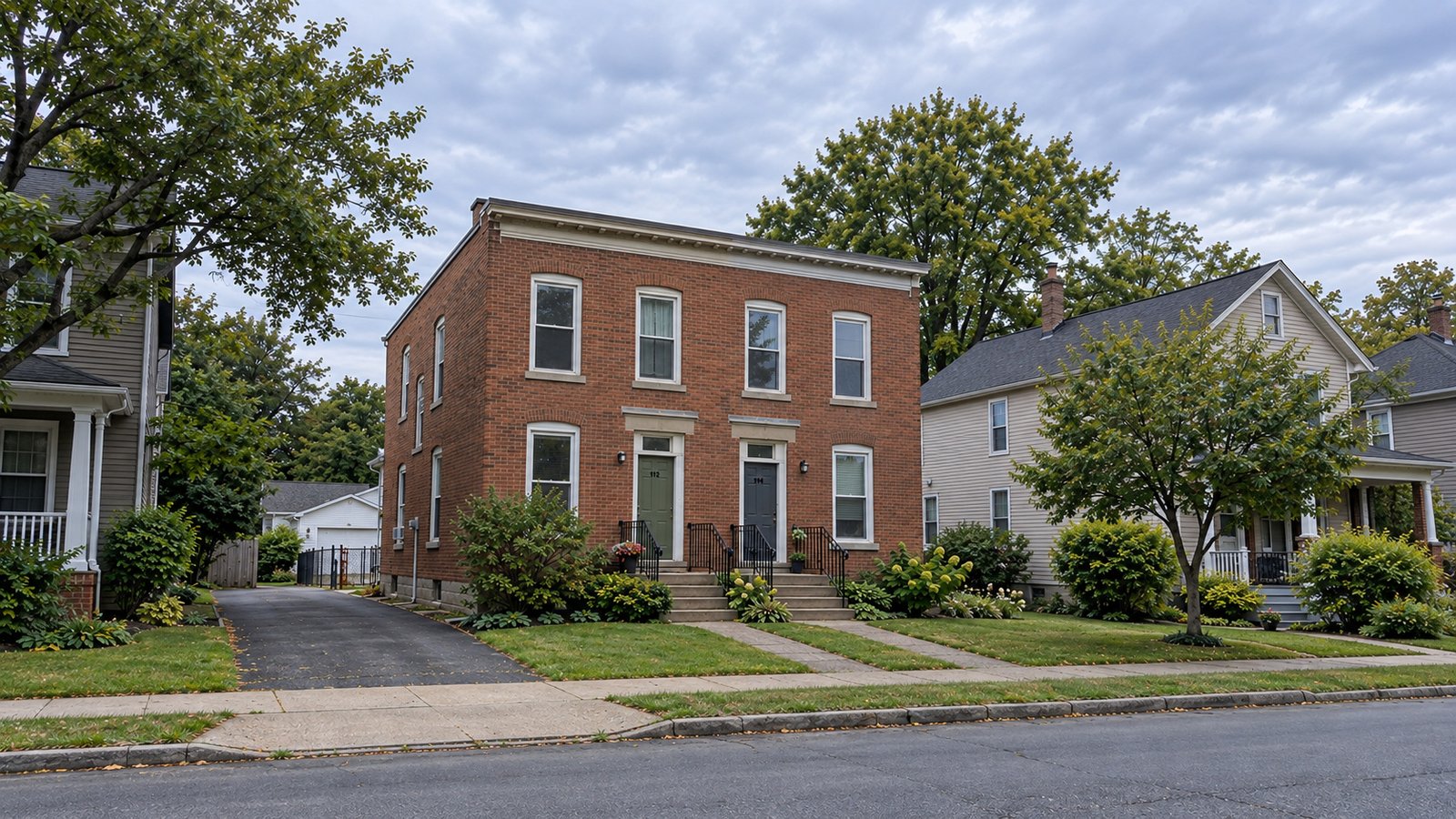 Two separate entrances Two-story brick house with two front entrances, short stoops and a side driveway