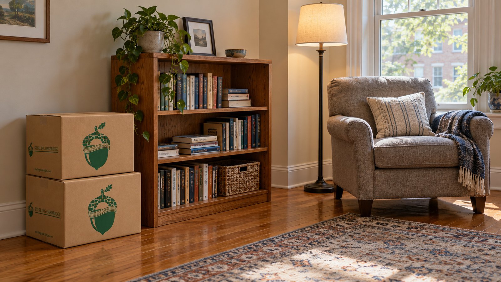 Room for a reading corner Armchair and low bookcase beside two small kraft Sterling Oakbridge book cartons