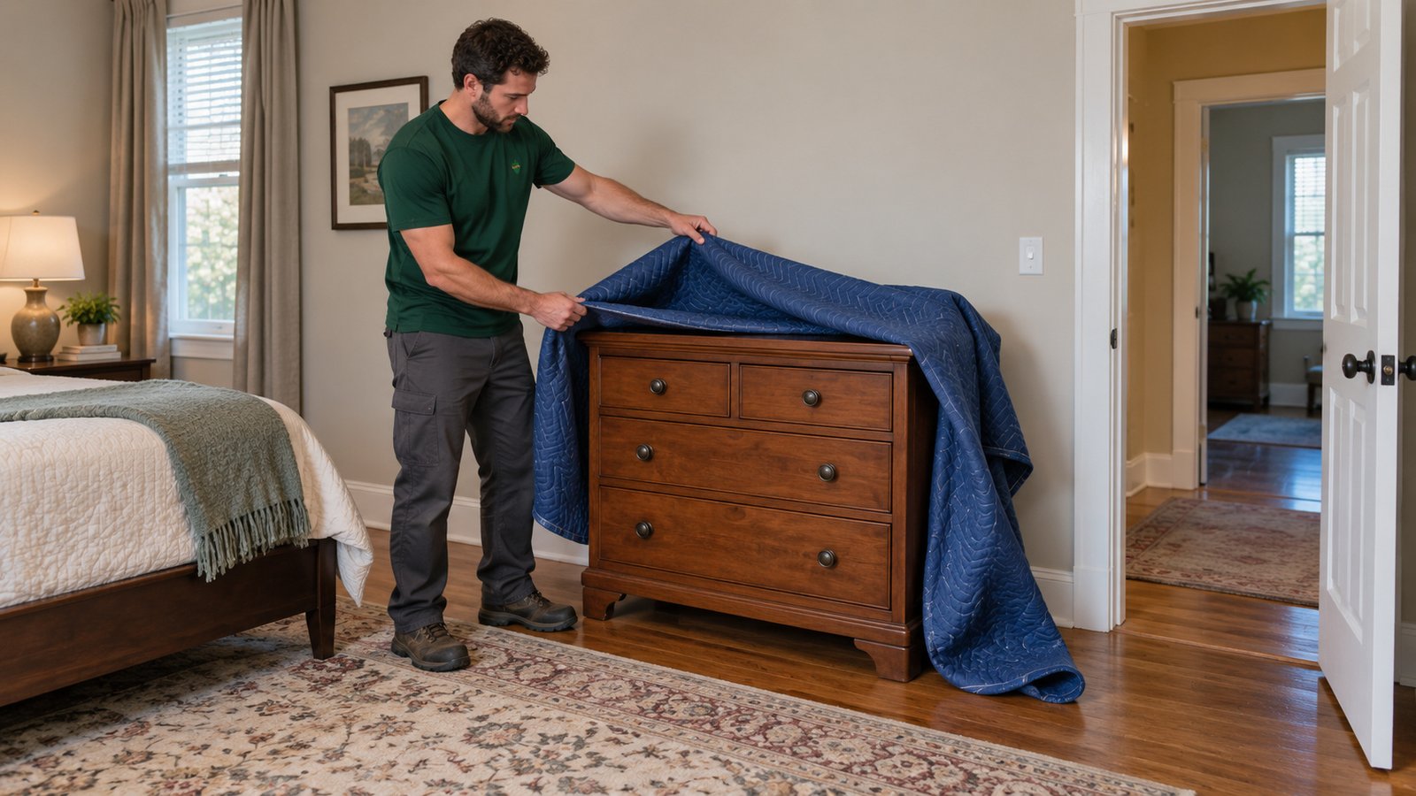 Unwrapping after placement Sterling Oakbridge mover lifting a blue moving blanket from a wooden chest of drawers