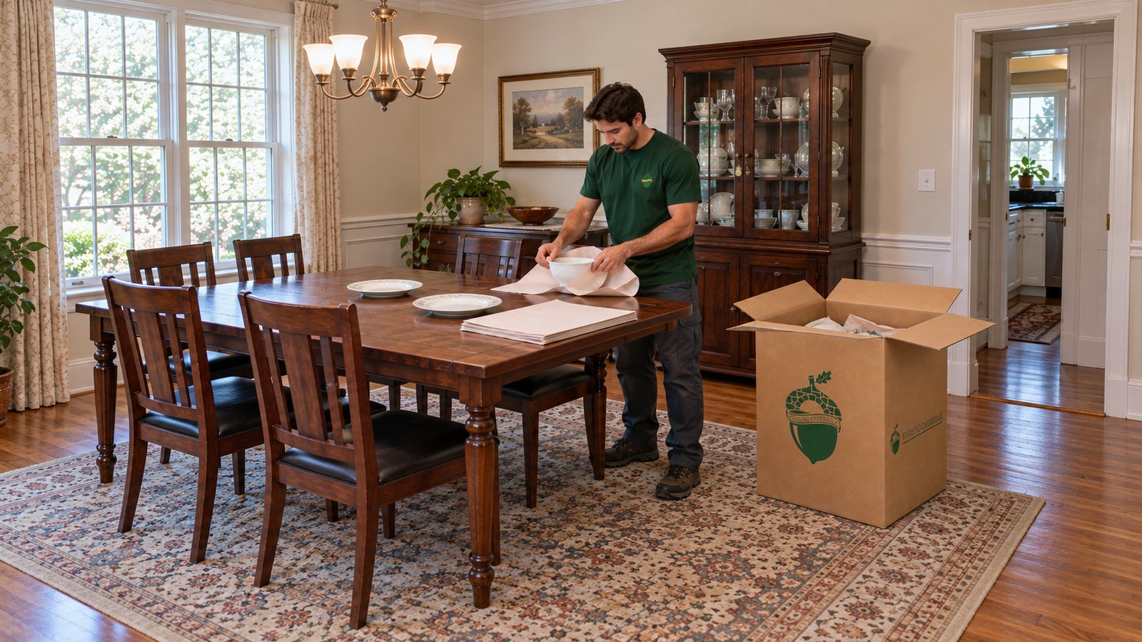Packing a serving bowl Sterling Oakbridge mover wrapping a ceramic bowl in paper beside an open china carton