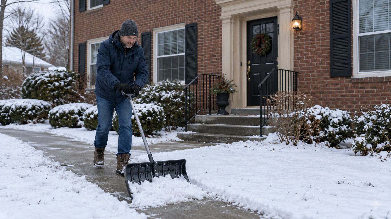Clearing the approach Man pushing a snow shovel along a front walk beside a brick house