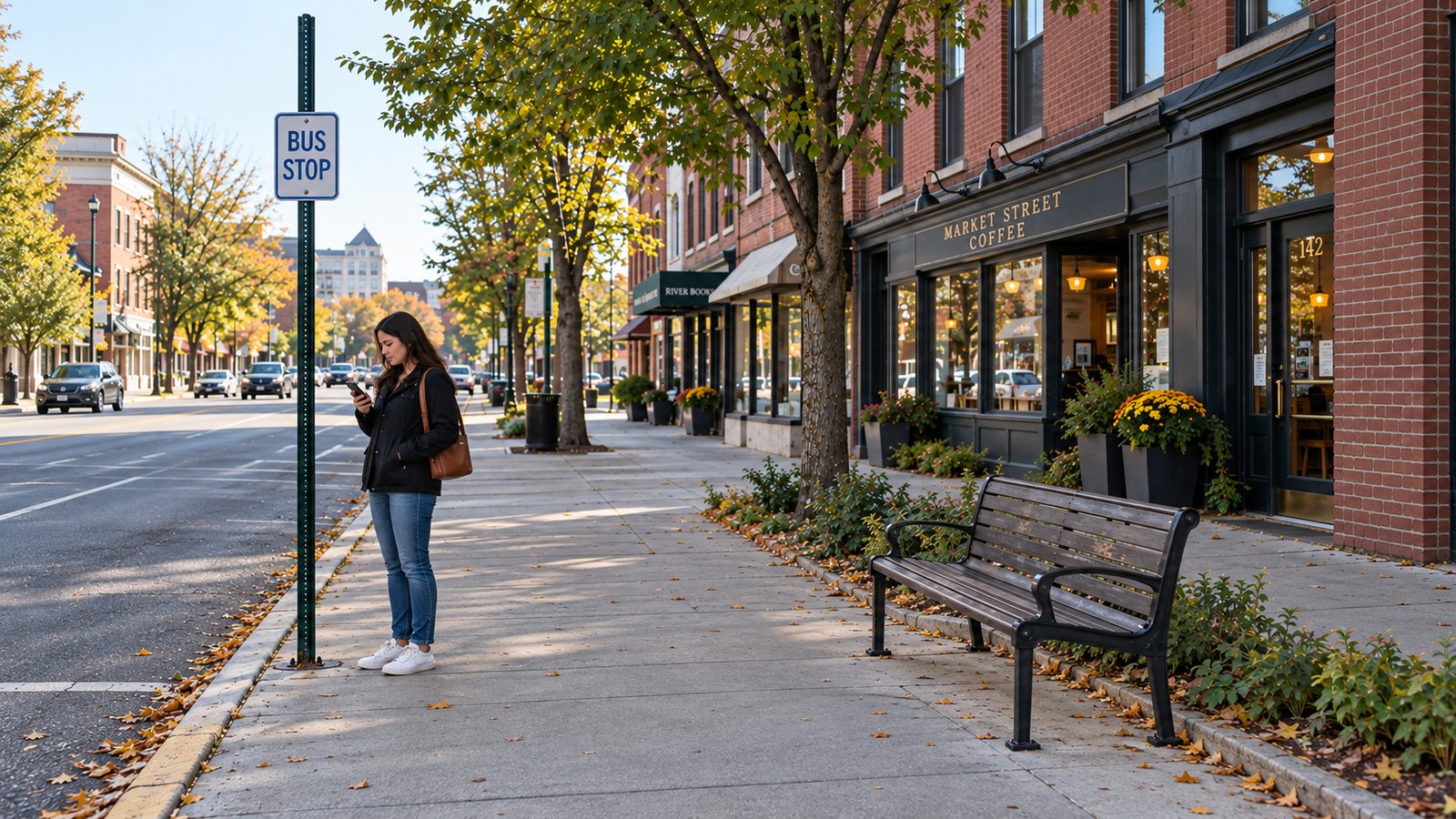 Checking the trip at a bus stop Woman looking at her phone beside a bus-stop sign and a bench on a city sidewalk