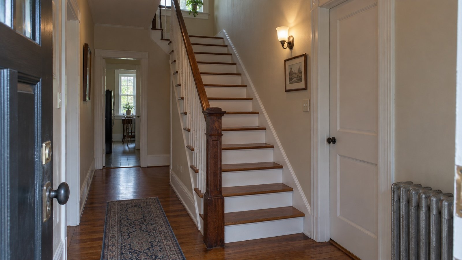 The route to the upper floor Wooden staircase with an upper turn beside a clear hallway and a closed interior door