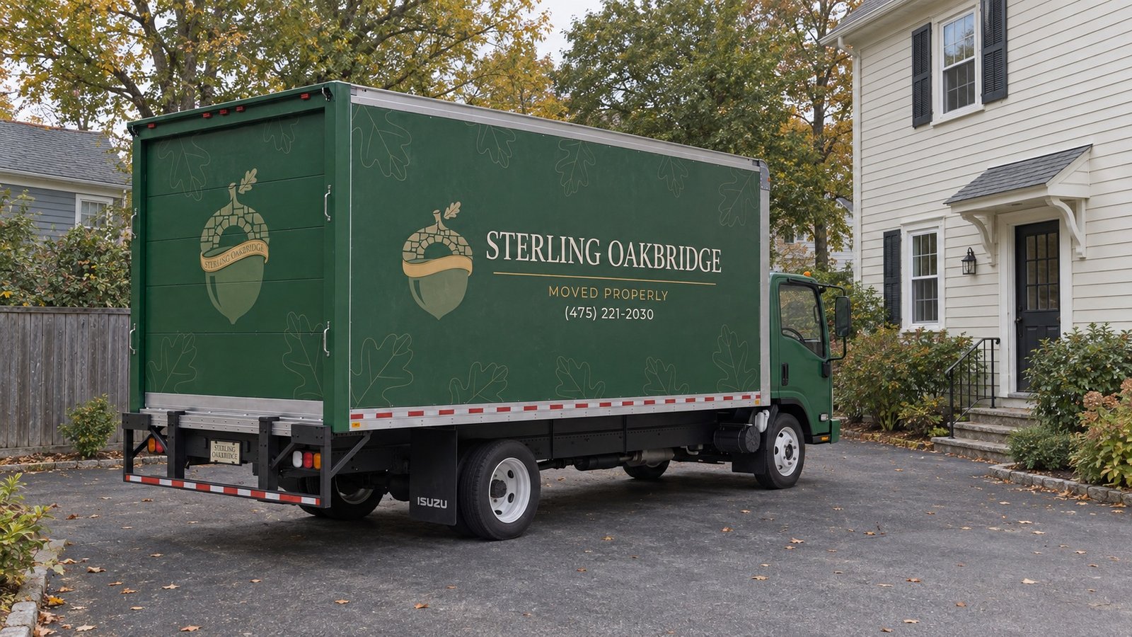 Working room beside the house Green Sterling Oakbridge box truck parked in a paved court beside a house and side entrance
