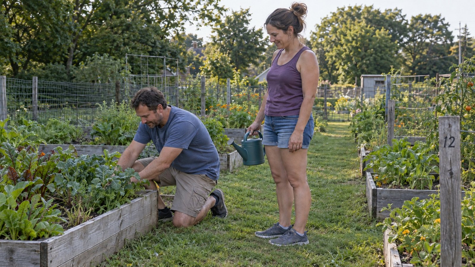 Two adults tending vegetables in raised garden beds, one kneeling and the other holding a watering can
