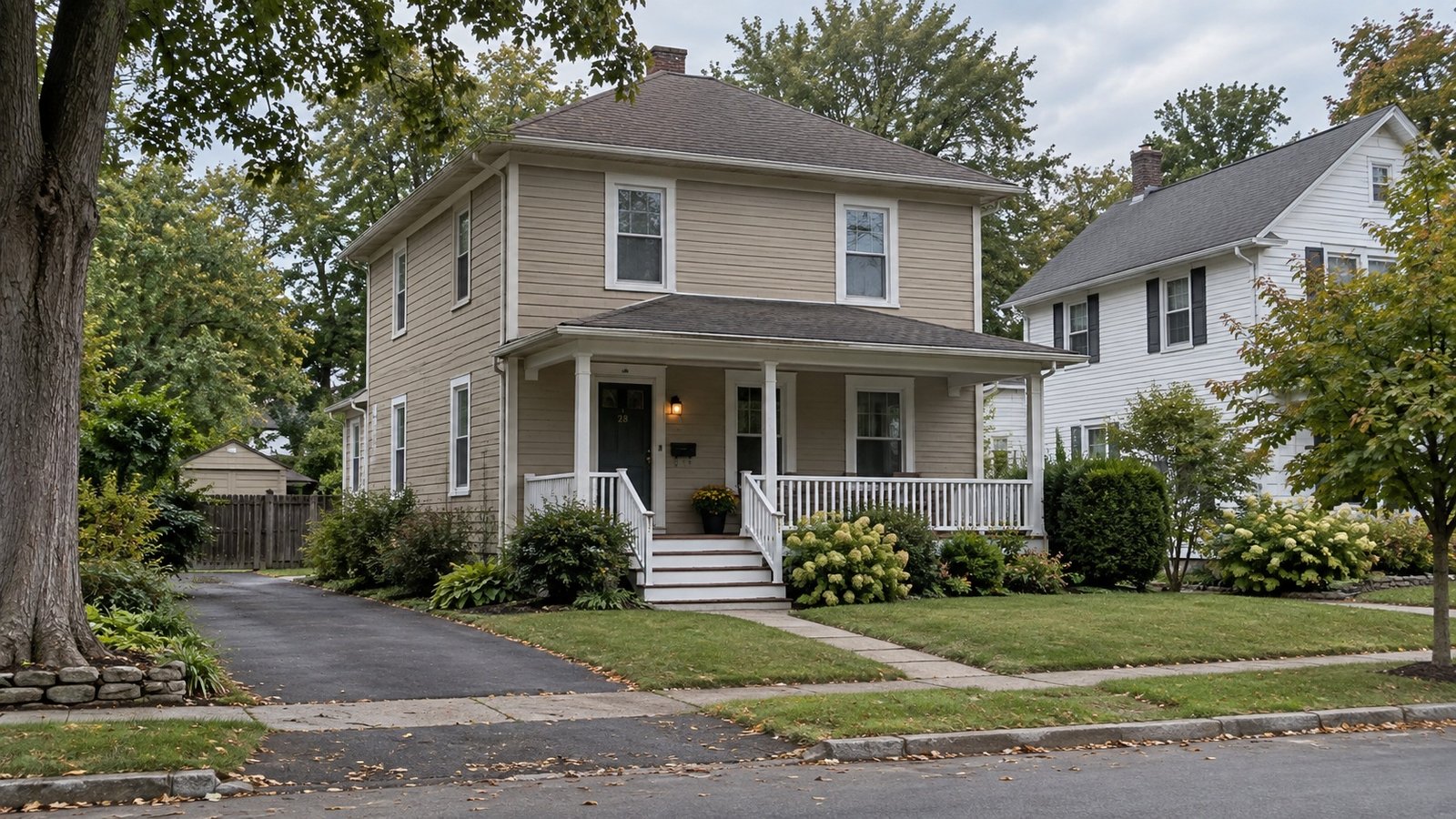 A village home with a covered porch Two-story clapboard house with a hipped roof, covered porch, front steps and a paved driveway