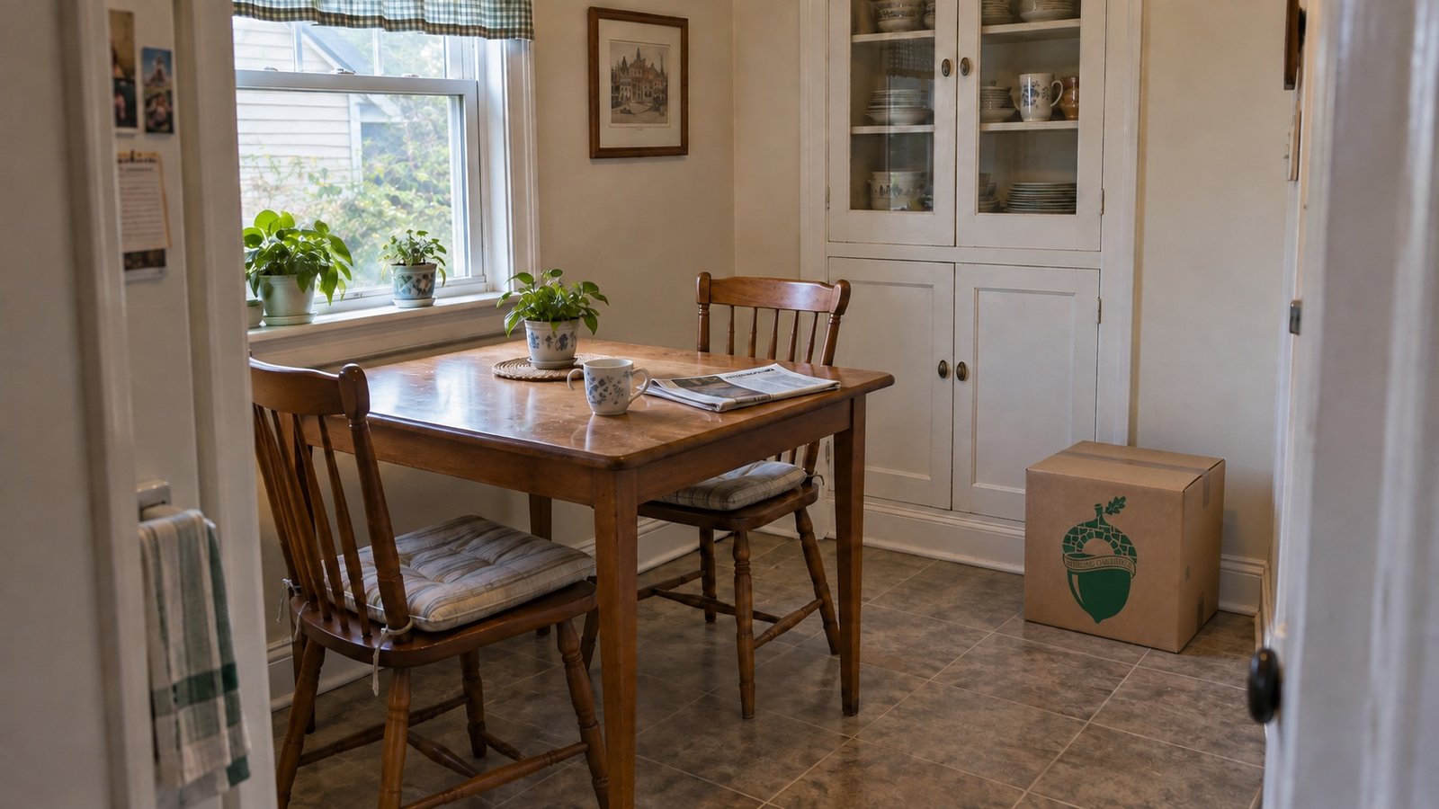 Small wooden breakfast table and two chairs beside a cupboard, with one kraft moving carton on the floor