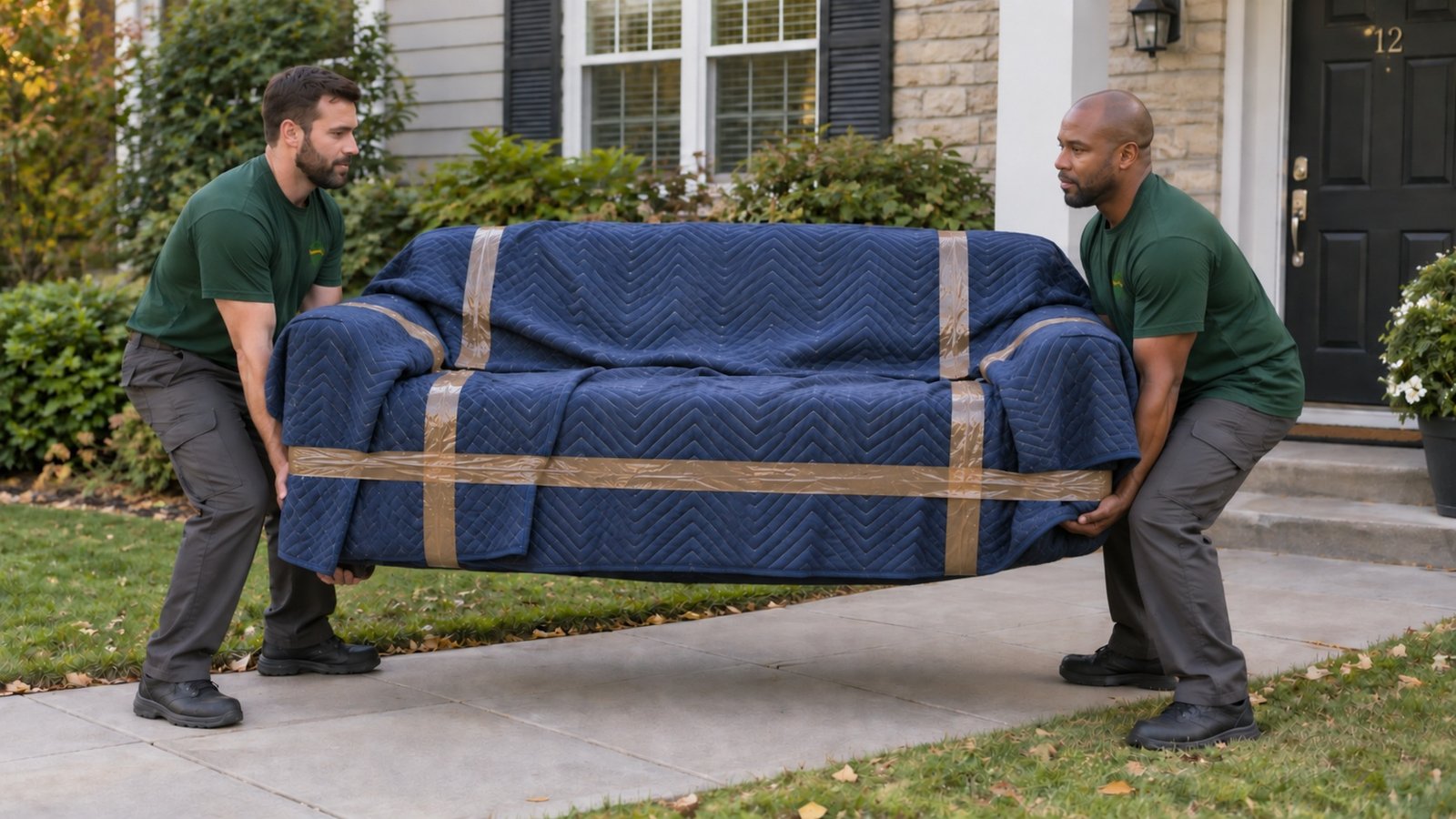 Carrying protected furniture Two male movers supporting a sofa covered with overlapping blue moving blankets and brown packing tape