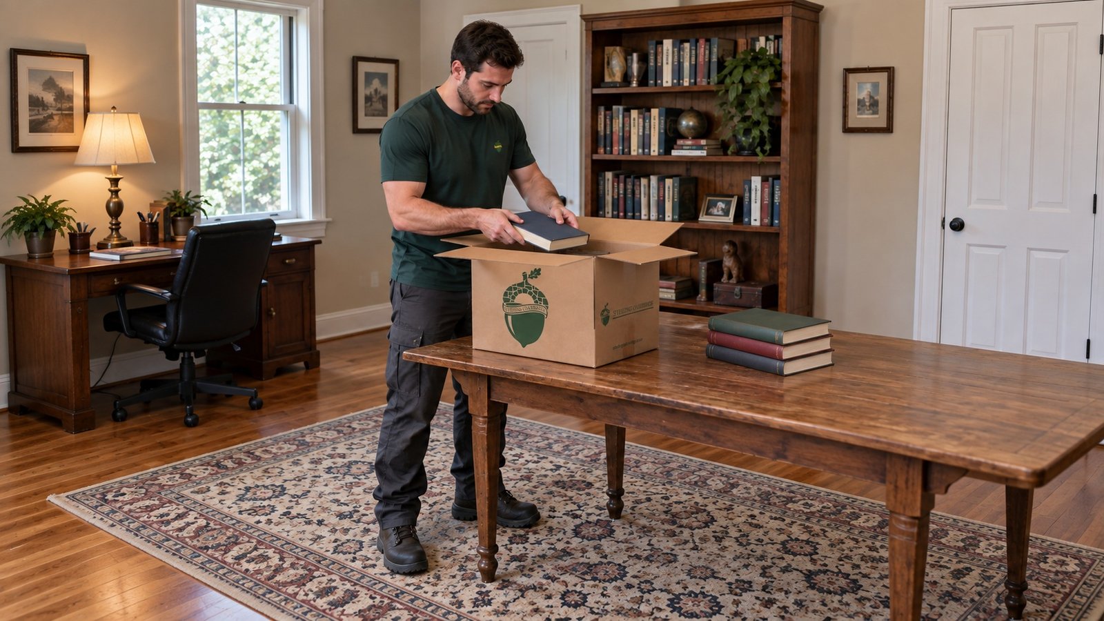 Packing the books Male Sterling Oakbridge mover lowering a hardcover book into a small kraft carton on a wooden table