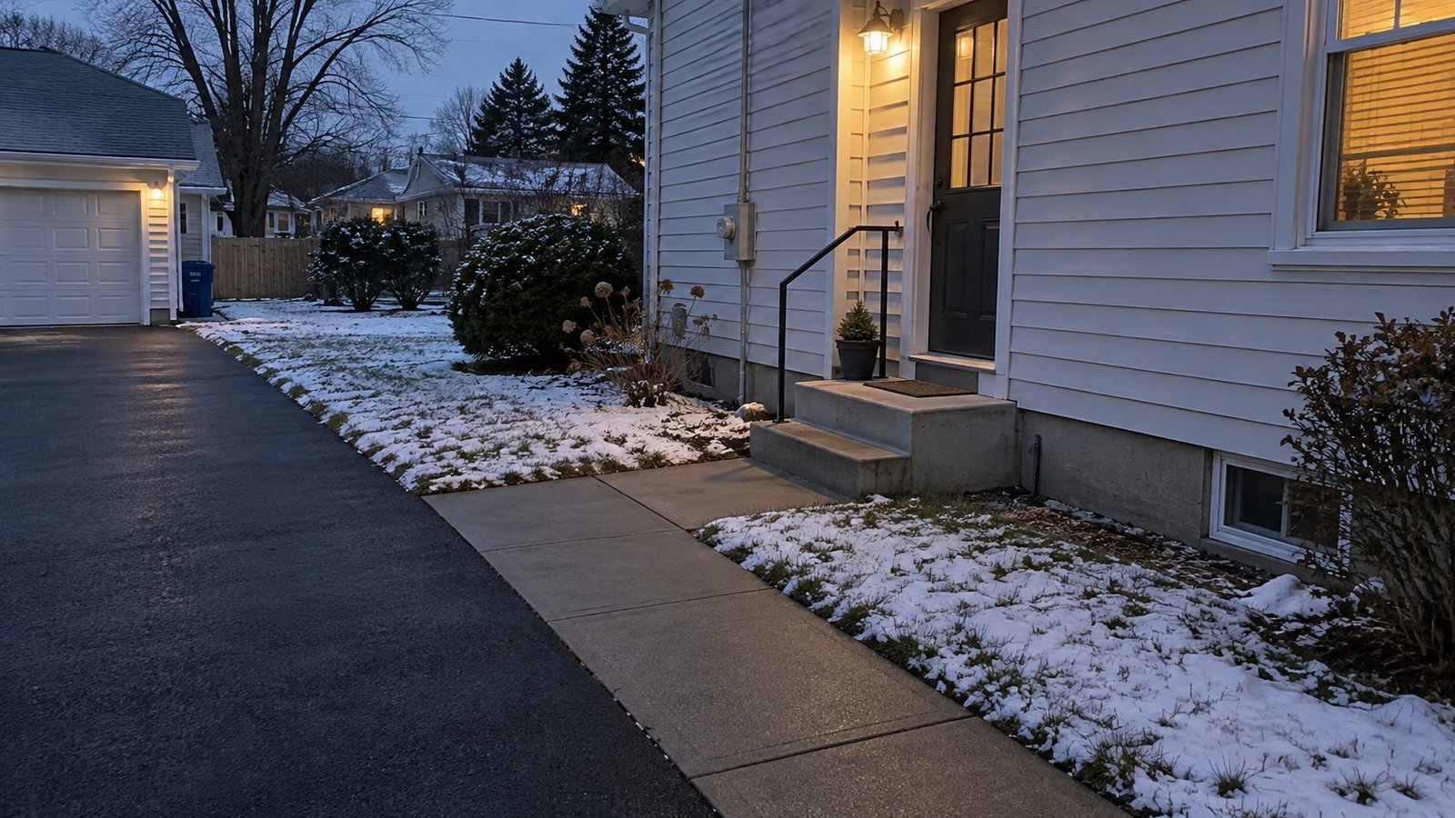 Cleared path and two concrete steps leading to a lit side entrance, with thin snow on the surrounding lawn