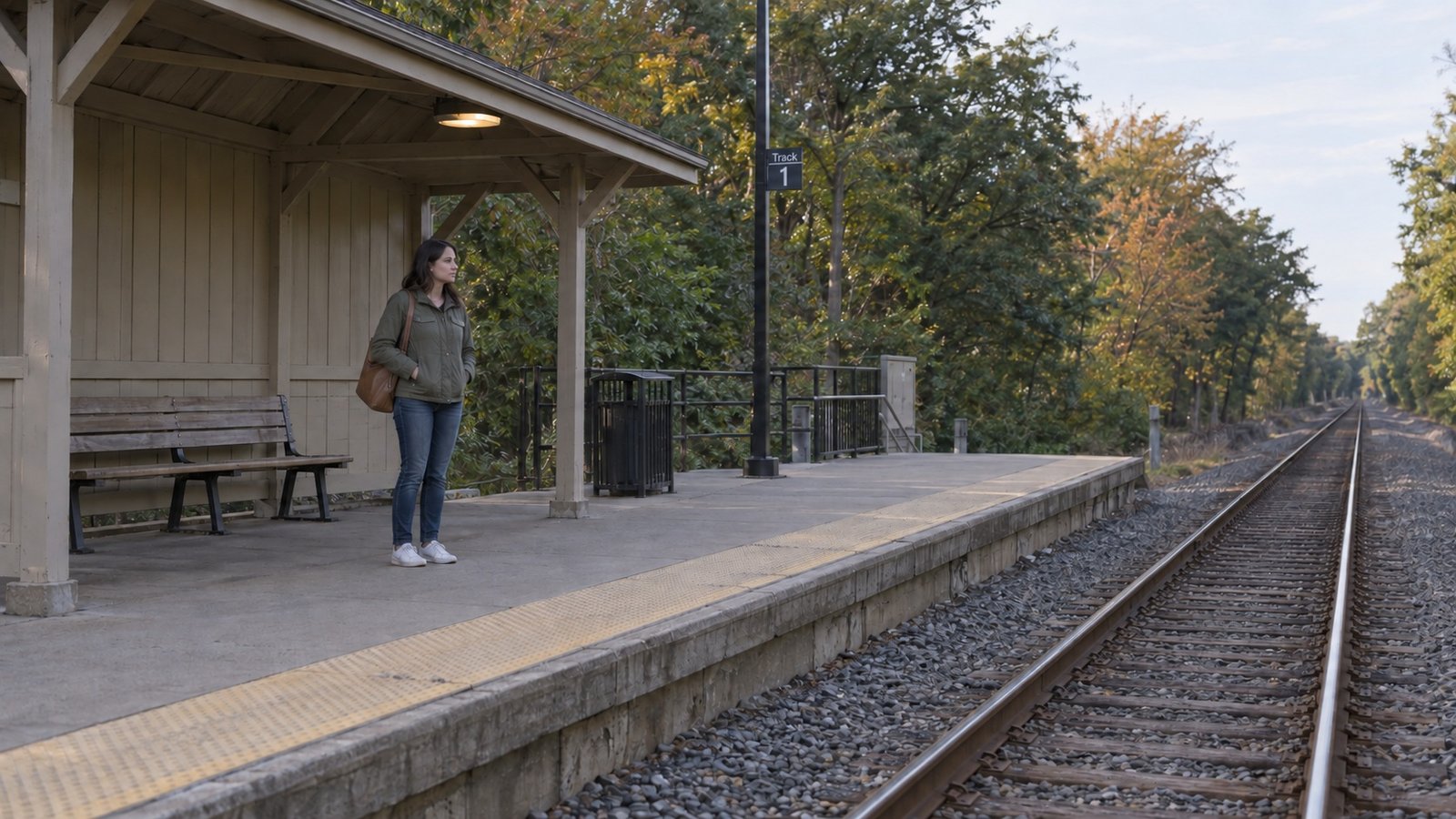 Woman with a shoulder bag waiting beside a wooden shelter on a railway platform