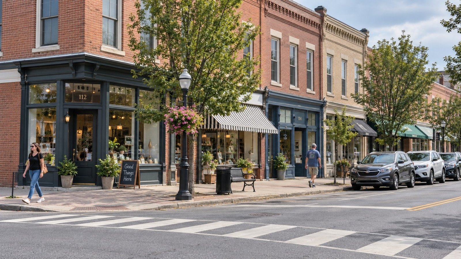 Brick storefronts, two pedestrians and a marked crossing on a tree-lined village street.