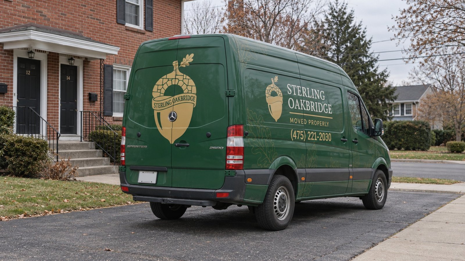 The vehicle and a usable entrance A complete green Sterling Oakbridge Sprinter van with closed doors beside a brick duplex and a clear entrance path.
