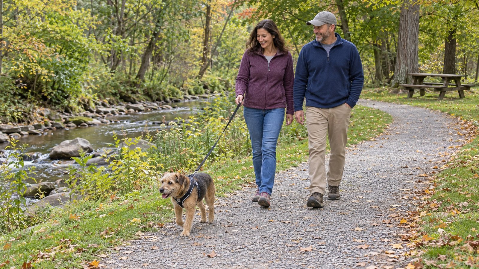 Two adults and a leashed dog walking on a gravel trail beside a creek and trees.